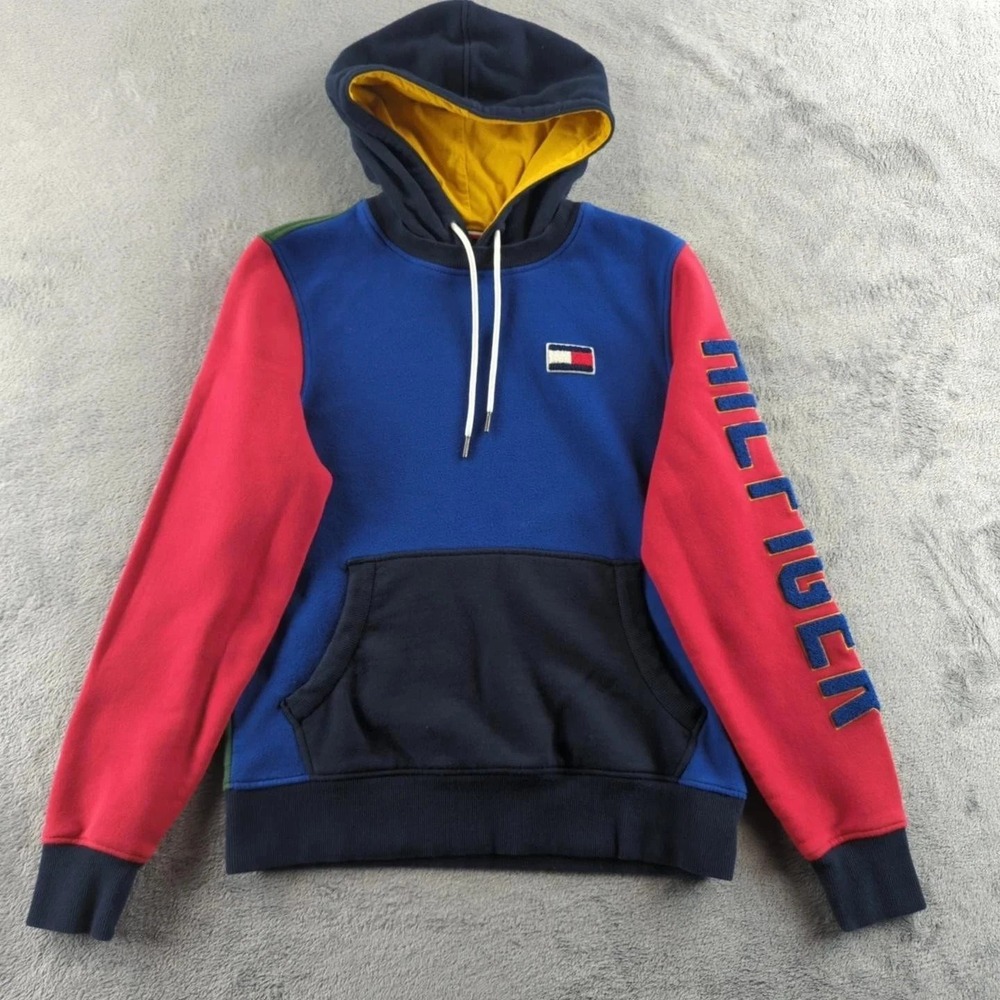 Tommy Hilfiger Hoodie Mens S Blue Red Color Block Sweatshirt Pullover Cotton